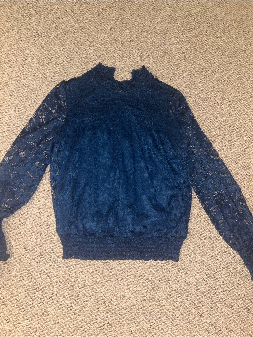 Cable & Gauge Navy Lace Mock Neck Long-Sleeve Lace Top